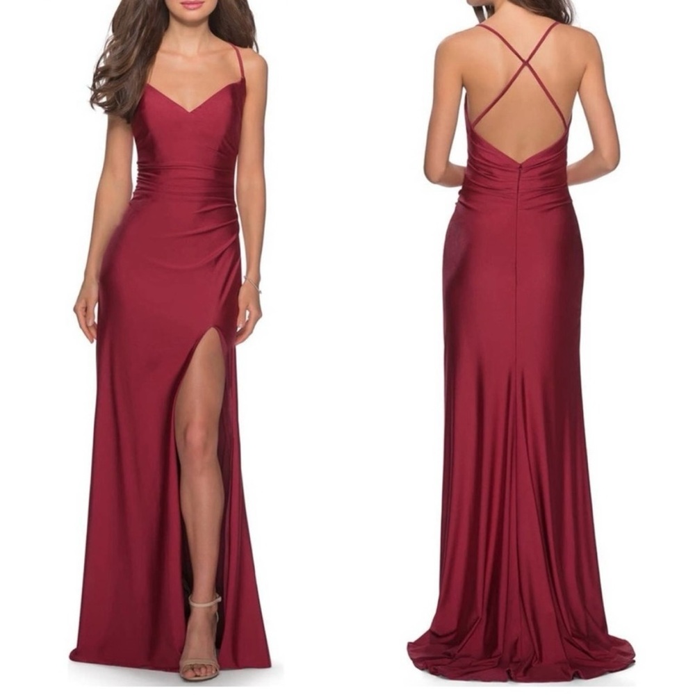 LA FEMME Burgundy Cross Back Satin Jersey Trumpet Gown